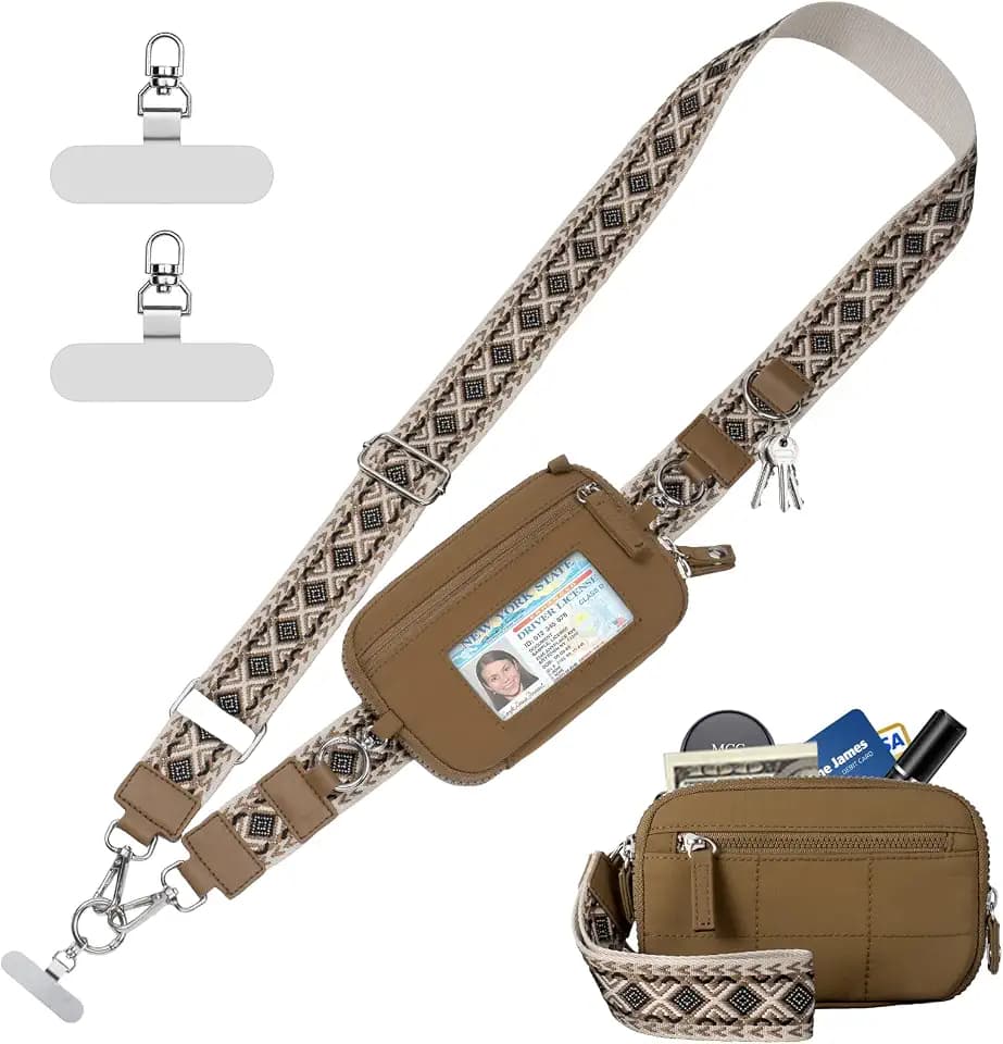 Tiostep Clip and Go Strap for Phone with Wallet Crossbody Phone Lanyard with Anti-Theft Zipper Pouch Detachable Quilted Wrist Wallet with RFID and ID Window for Daily and Travel