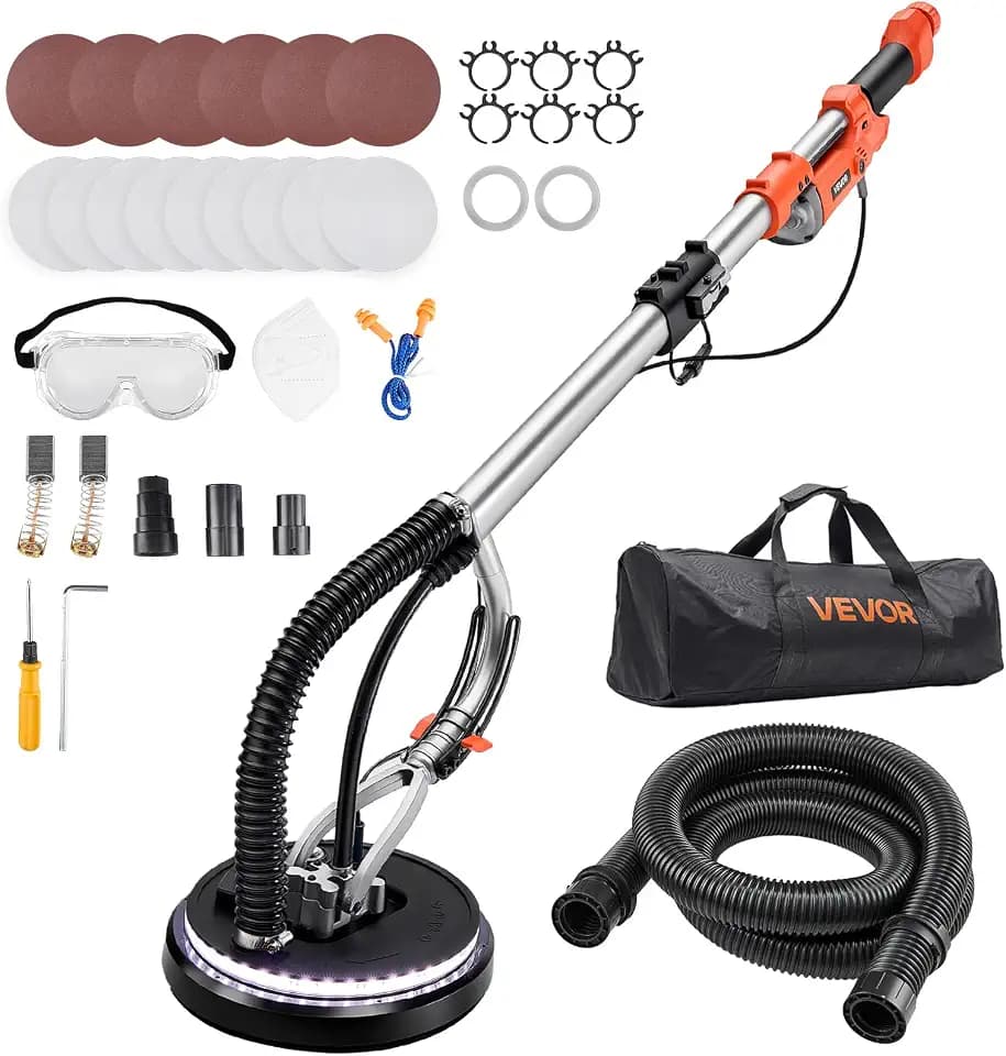 VEVOR Trockenbauschleifer, 1010 W Deckenschleifer mit 255 mm Schleifteller, Langhalsschleifer mit 1000–2200 U/min Drehzahl, Doppelwandiger LED, Ausziehbarem Griff, 15 Schleifscheiben, Staubschlauch