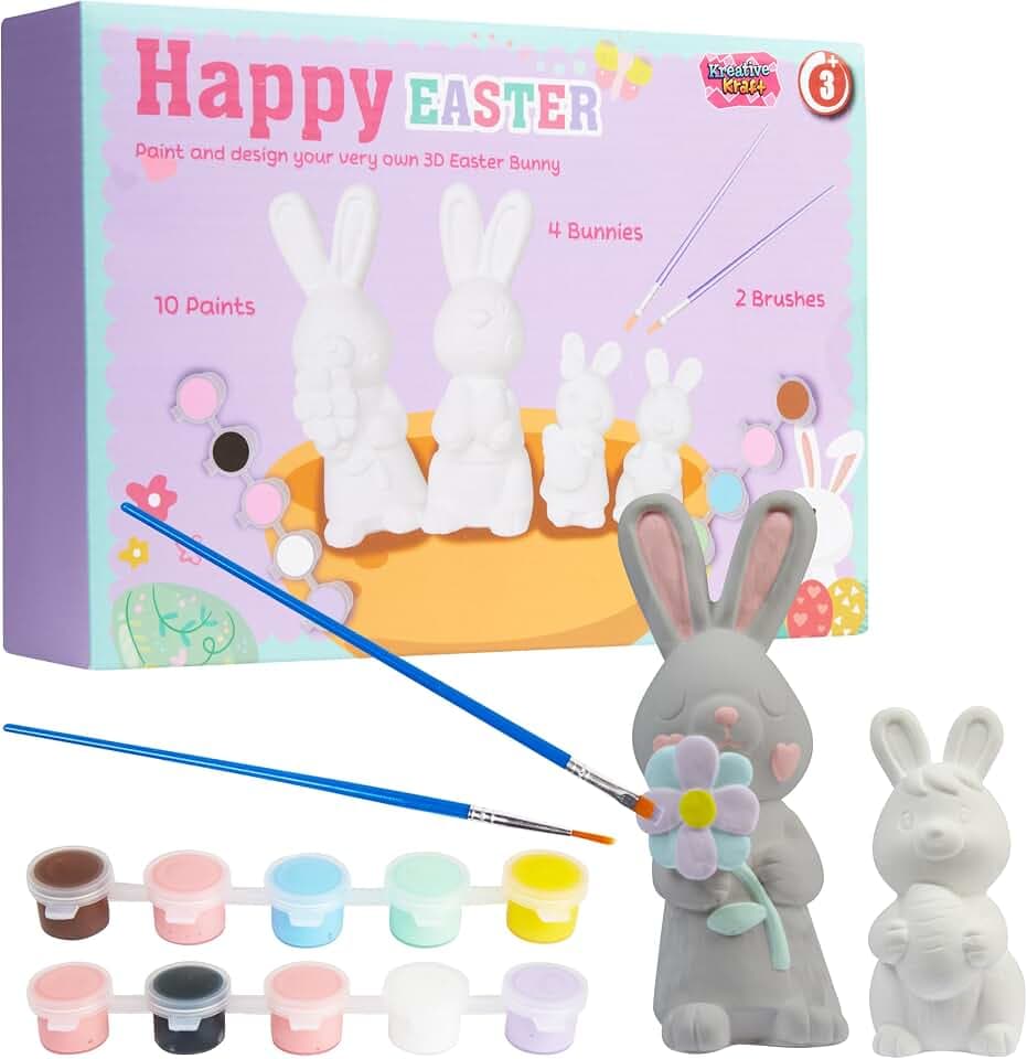 KreativeKraft Ostern Basteln Kinder Bastelset DIY Set Kinder Gips Ostereier Bemalen Osterhasen Gipsfiguren zum Bemalen (Hasen 4er Pack)