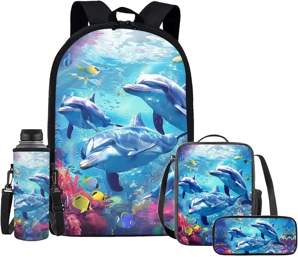 Upetstory Dolphin School Bag Set for Toddler Girls Kids Backpack Teens Bookbag with Lunch Box Pencilcase Water Bottle Pouch Travel Casual Rucksack Daypack Primary Elementary Middle School Rucksack