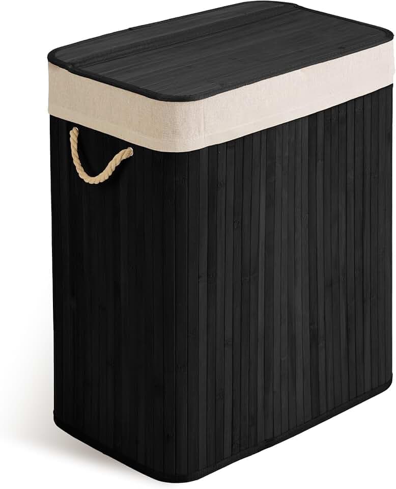 Wäschekorb 2 Fächer 100 L - mit Deckel und Wäschesack - Wäschesammler aus Bambus - Wäschesortierer - Schwarz - 61 x 54 x 34 cm