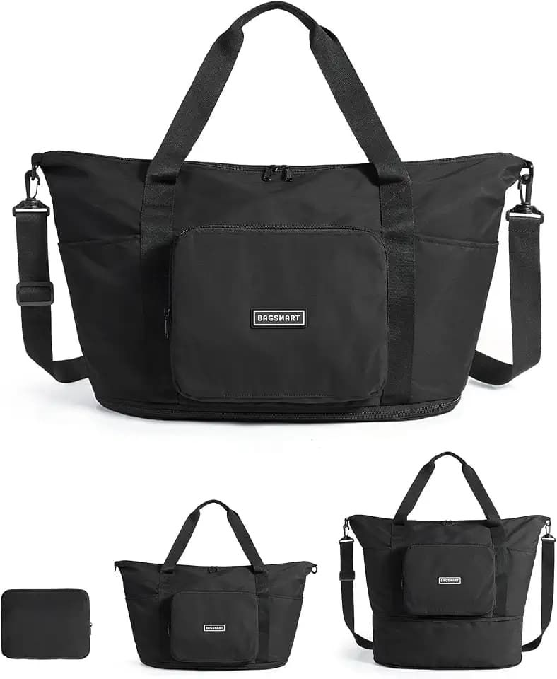 BAGSMART Foldable Travel Bag, 37L Expandable Personal Item Bag, Black