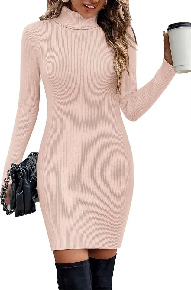 Hotouch Strickkleid Damen Winter Kleid Langarm Pulloverkleid Elegant Rollkragen Kleid Knielang Warme Winterkleid Einfarbig Bodycon Kleid S-XXL