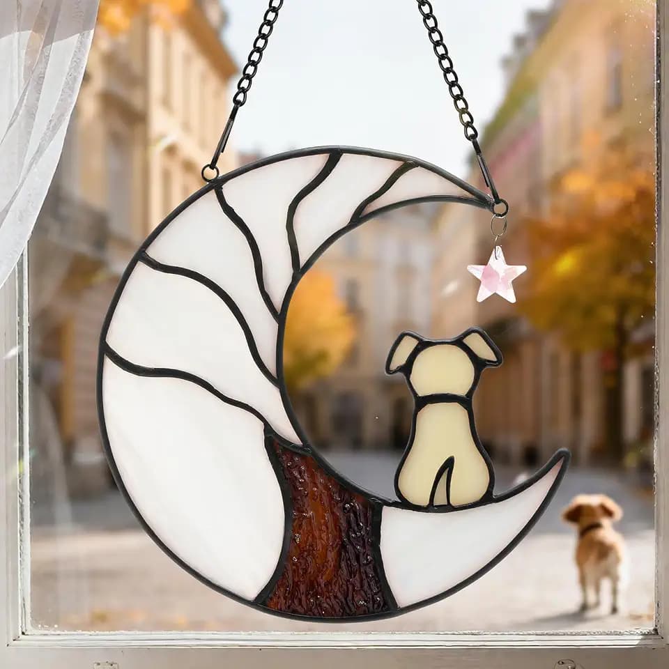 Dog Memorial Suncatcher, Stained Glass Window Hanging Memorial Gifts for Loss of Dog, Moon Tree of Loss of Dog Sympathy Gift, Pet Memorial Gifts for Dogs, Remembrance for Pet Loss