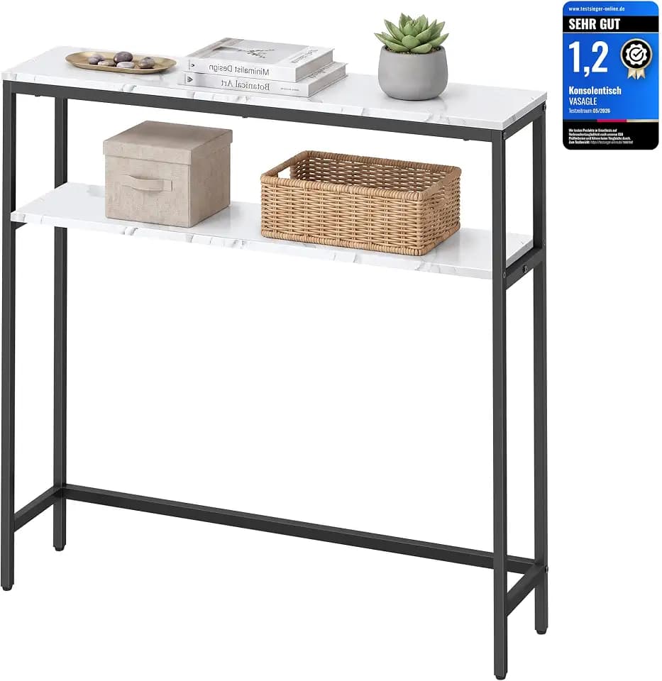 VASAGLE Konsolentisch, schmaler Sofatisch mit 2 Ablagen, 20 x 80 x 80 cm, Flurtisch, 2 Ebenen, für Flur, Wohnzimmer, Schlafzimmer, marmorweiß-tintenschwarz LNT130W59