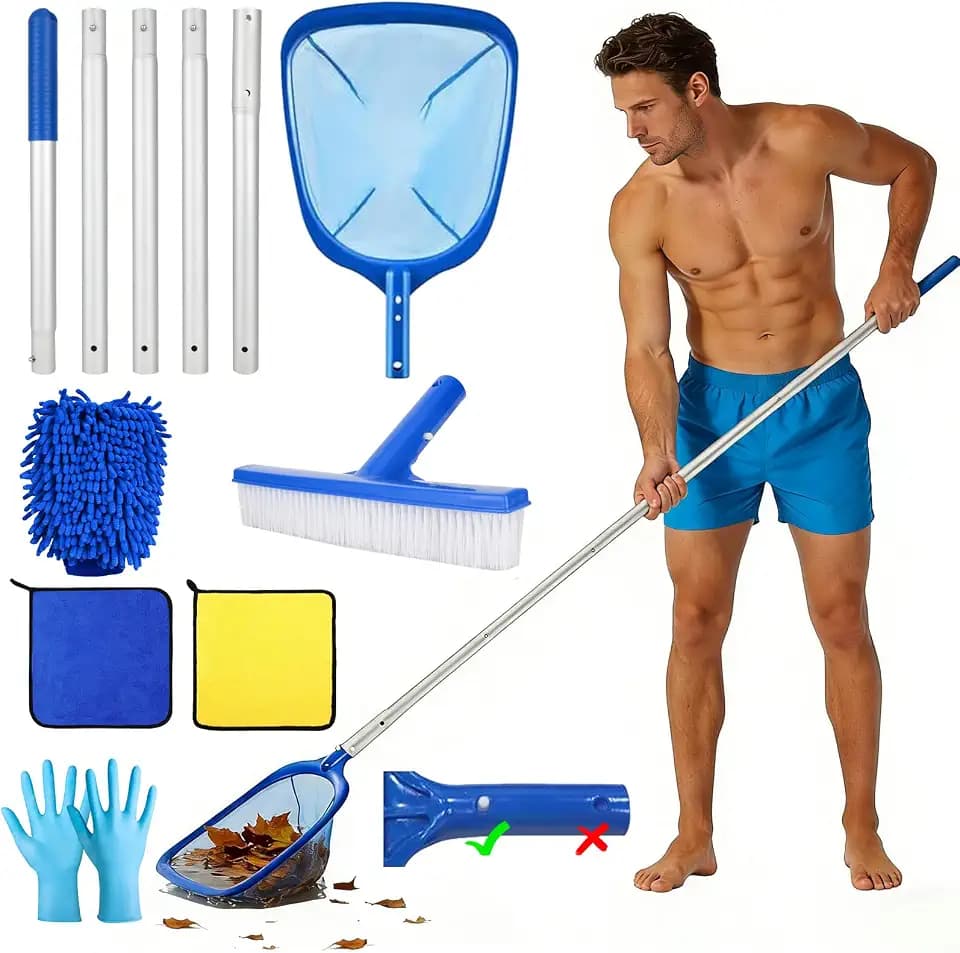 Pool Kescher, Poolbürste mit Teleskopstange, 2,1M Pool kescher Feinmaschig mit Poolbürste, Teleskopstange, Pool Sieb Kescher Fein, Pool Kescher Set mit Putztüche für Schwimmbad Teich Whirlpools
