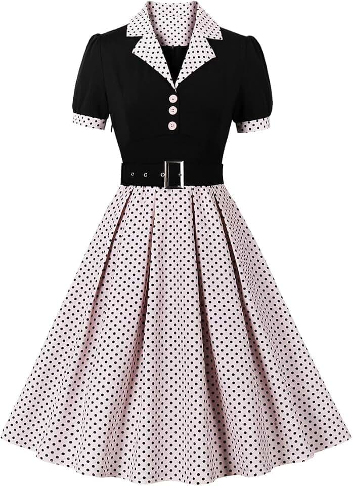 Wellwits Damen Blazerkleid mit Knopfleiste, gepunktet, plissiert, für Arbeit, Büro, formell, Cocktail, 1950er-Jahre, Vintage-Stil