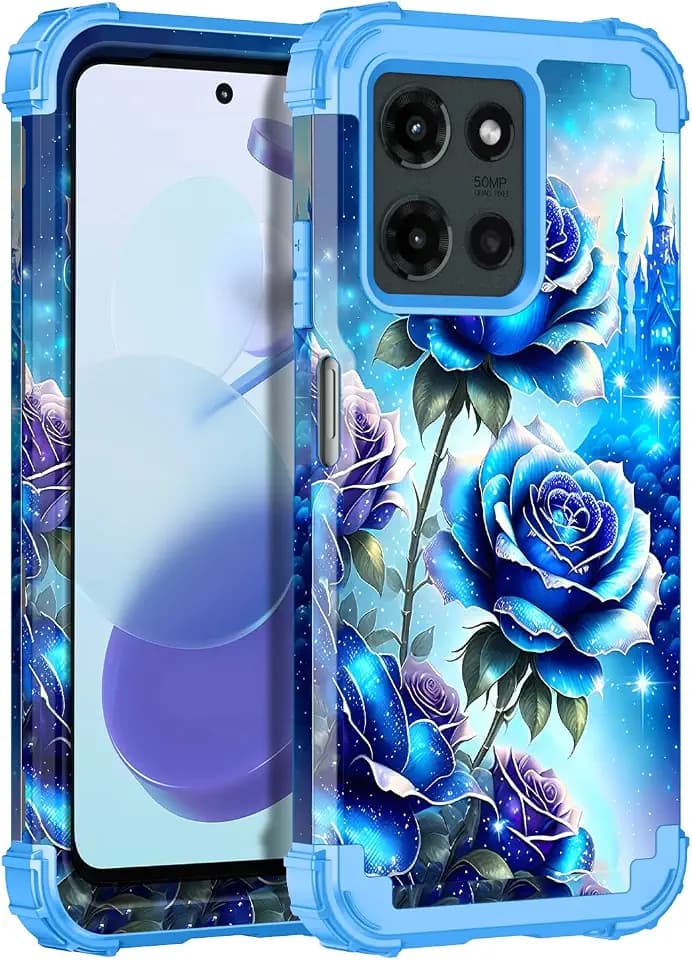 Miqala for Moto G 5G 2025 Case,Glow in The Dark Three Layer Heavy Duty Shockproof Full Body Protection Hard Plastic Bumper+Soft Silicone Protective Case for Motorola Moto G 5G 2025,Blue Rose