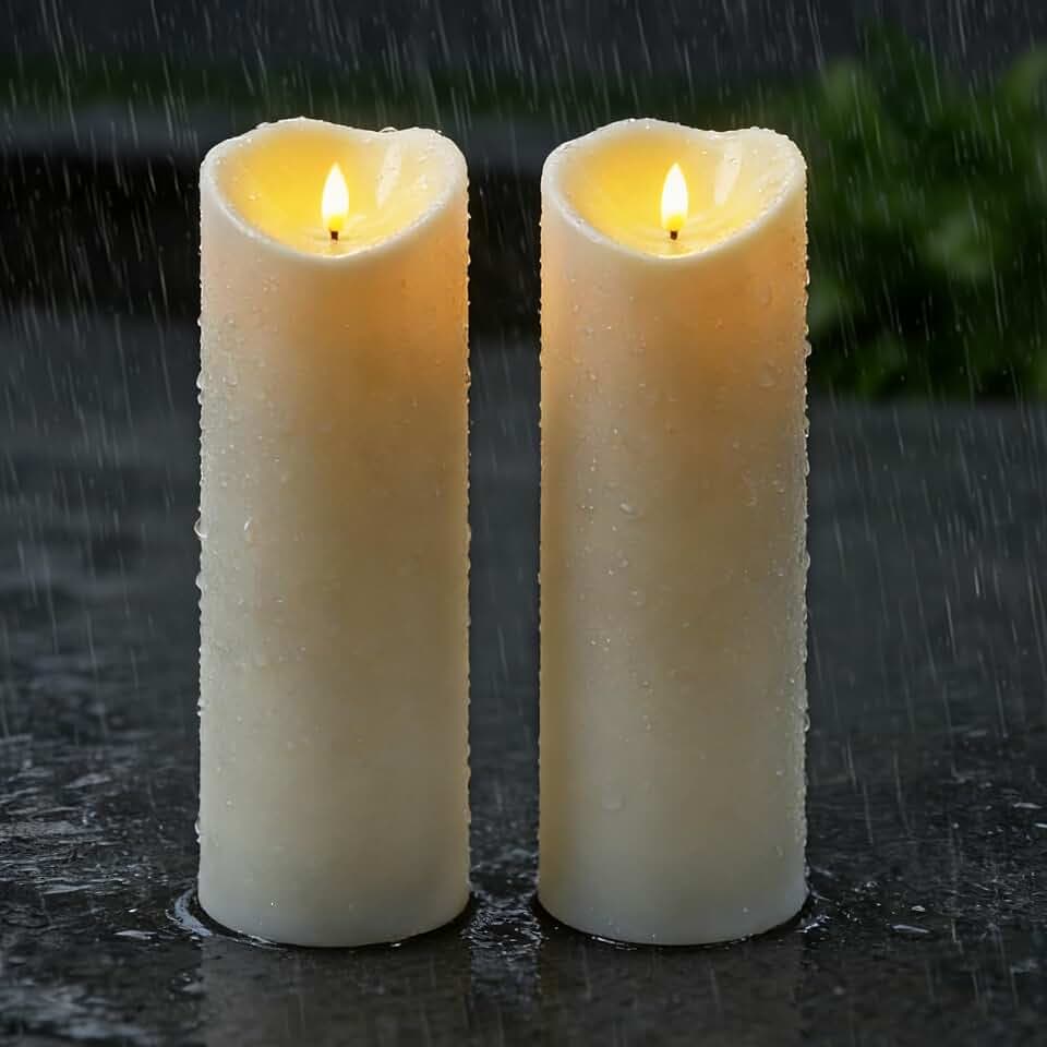 Raycare Large Outdoor Flameless Candles with Remote & Timer, Waterproof Battery Operated LED Pillar Candles, Ivory White, 4"x12", Set of 2