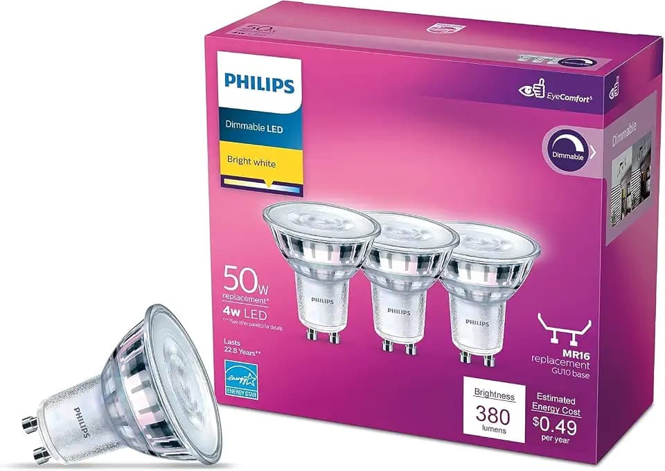 PHILIPS LED 50W MR16 3-Pack Specialty Bright White (3000K) 380 Lumen (4W = 50W) Dimmable Clear Flicker-Free Light Bulbs