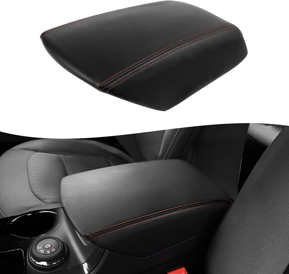 KBH Front Center Console Armrest Cover Replacement for Ford Explorer 2011-2019, Vinyl Leather Arm Rest Skin Upholstery, Anti-Scratch, Black-Red Stitch (Leather Part Only)