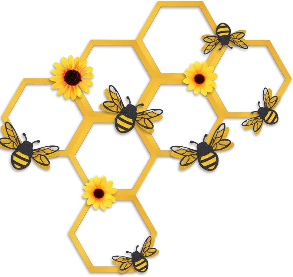 Yousoontic 26 Pcs Honeycomb Decorations 7.9'' Bee Wall Decor, Gold Color