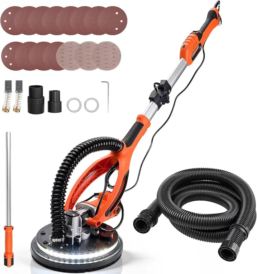 VEVOR Drywall Sander, 850W Electric Drywall Sander, Popcorn Ceiling Removal Tool with 5 Variable Speed 800-1700 RPM, Double-Deck LED Light, Foldable & Extendable Handle, 15 Sanding Discs, Dust Hose
