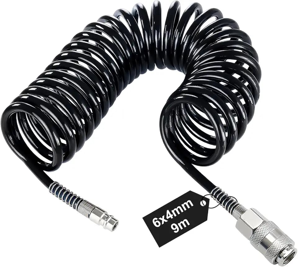 9 m Druckluft Spiralschlauch, Spiralförmige Kompressor Schlauch, Durchmesser 6 x 4 mm Luftdruckschlauch,schwarz Druckluft Schlauch, mit Anschlussstück, für Haushalt, Werkstatt, Autowerkstatt
