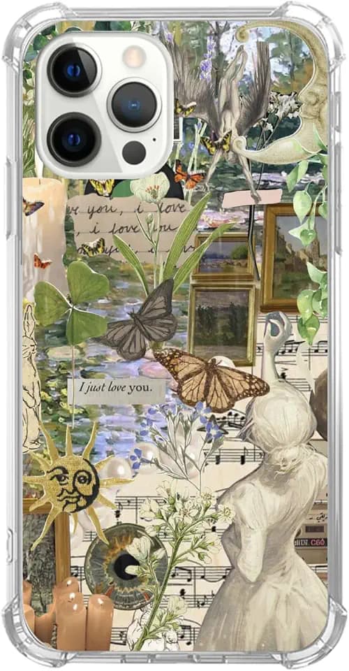 Vintage Butterfly Collage Phone Case for iPhone 16 Pro Max, Fairy Nature Plants Collage Case for Teens Women Men, Slim Soft Flexible TPU Rubber Case