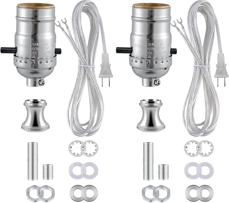 Lamp Rewire Kit, Lamp Socket Replacement Kit, Antique Brass Light Socket with Matching Electric Cord Set, DIY Making Kit Wiring Kit with All Essential Hardware (Silver, 2)