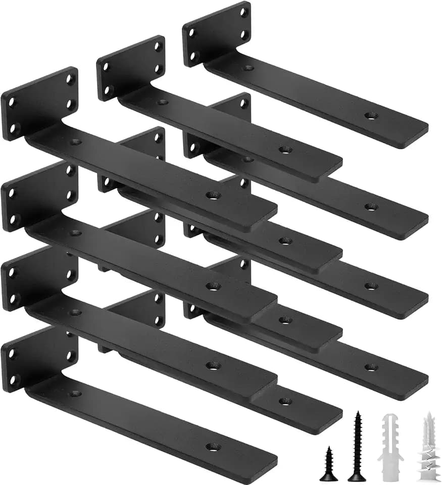 HITOMEN Heavy Duty Floating Shelf Brackets, 8-Inch (1/5'' Thick) Hidden Shelves Hardware, Iron L Brackets, Rustic Industrial Black Metal Wall Shelving Supports, 12 Pack