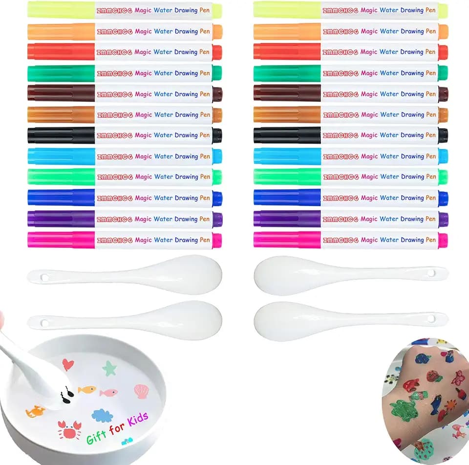 2 Sets Magical Water Painting Pens for Kids, Kiddies Create Magical Floating Drawings Bundle, 24 Magic Drawing Water Art Markers with 4 Spoons, DIY Tattoo Ink Pen Kit, Children's Gifts for Boys Girls