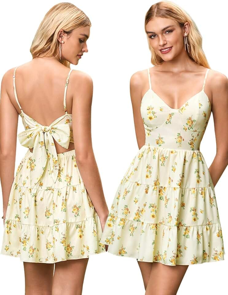 HTZMO Women Summer Floral Mini Sundress Bow Tie Short Dress