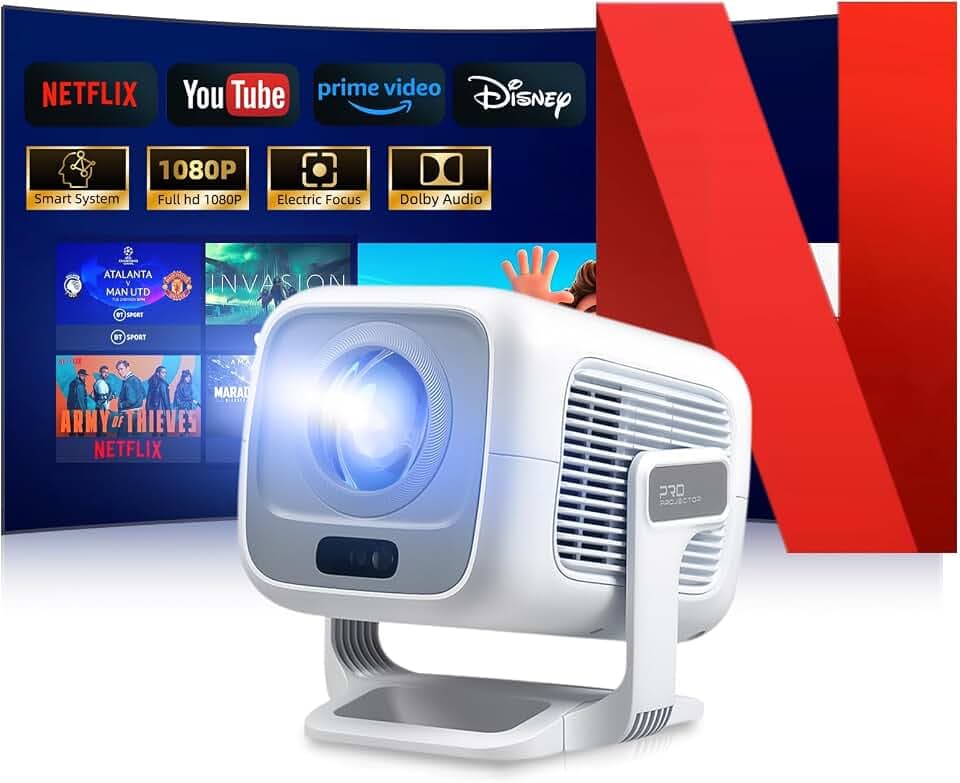 Beamer 4K [Offizielles Netflix | Dolby Audio] 700 ANSI Smart-Projektor für Heimkino, Full HD 1080P, Autofokus, vertikale Trapezkorrektur fürs Auto, Kurzdistanzprojektor (Weiß)