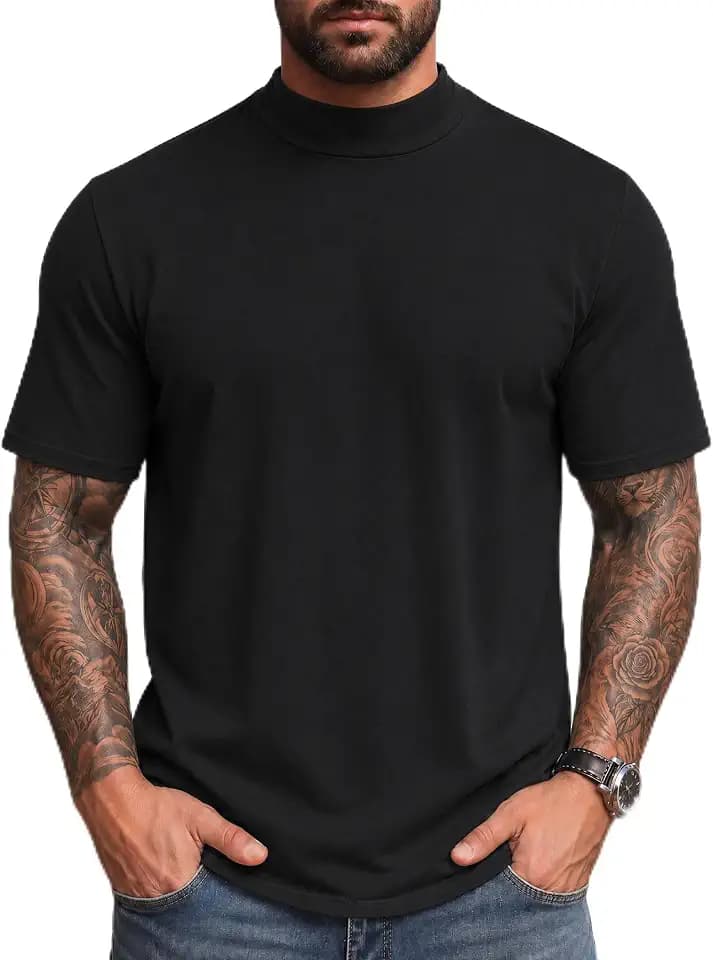 Vssjavun Men's Mock Turtleneck T Shirt Short Sleeve Solid Casual Basic Tee