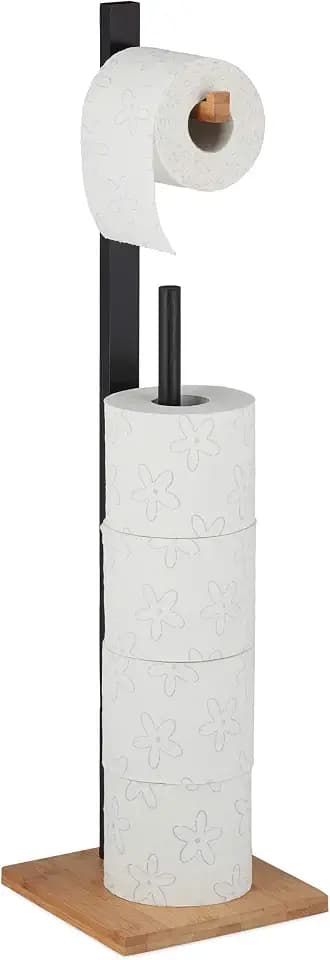 Relaxdays Toilettenpapierhalter stehend, Bambus, mit Ersatzrollenhalter, 5 Rollen, HxBxT: 71x19x19 cm, schwarz-Natur