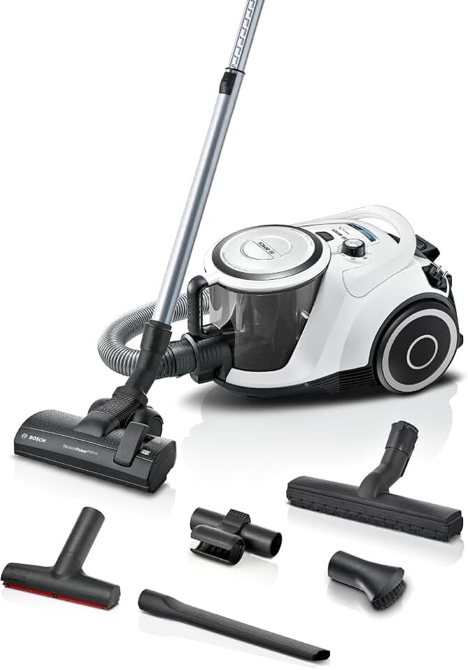 Bosch Staubsauger beutellos Serie 6 BGC41XALL, Bodenstaubsauger, Testsieger, ideal für Allergiker, Hygiene-Filter, Hartbodendüse, XXL-Polsterdüse, hohe Saugleistung, leise, 700 W, weiß