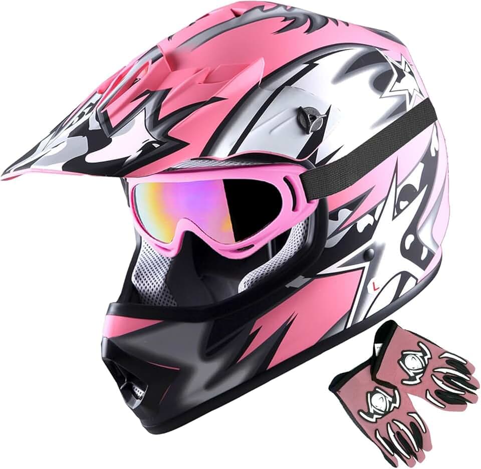 1Storm Youth Motocross Helmet BMX MX ATV Dirt Bike Helmet Matt Star Pink + Goggles + MG Youth Pink Glove Bundle