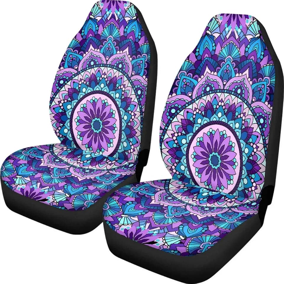 Pehede Car Seat Cover Purple Mandala Flower Pattern Front for Cars, Easy to Install Cover Set, Accessories Auto Trucks Van SUV,2 Packs