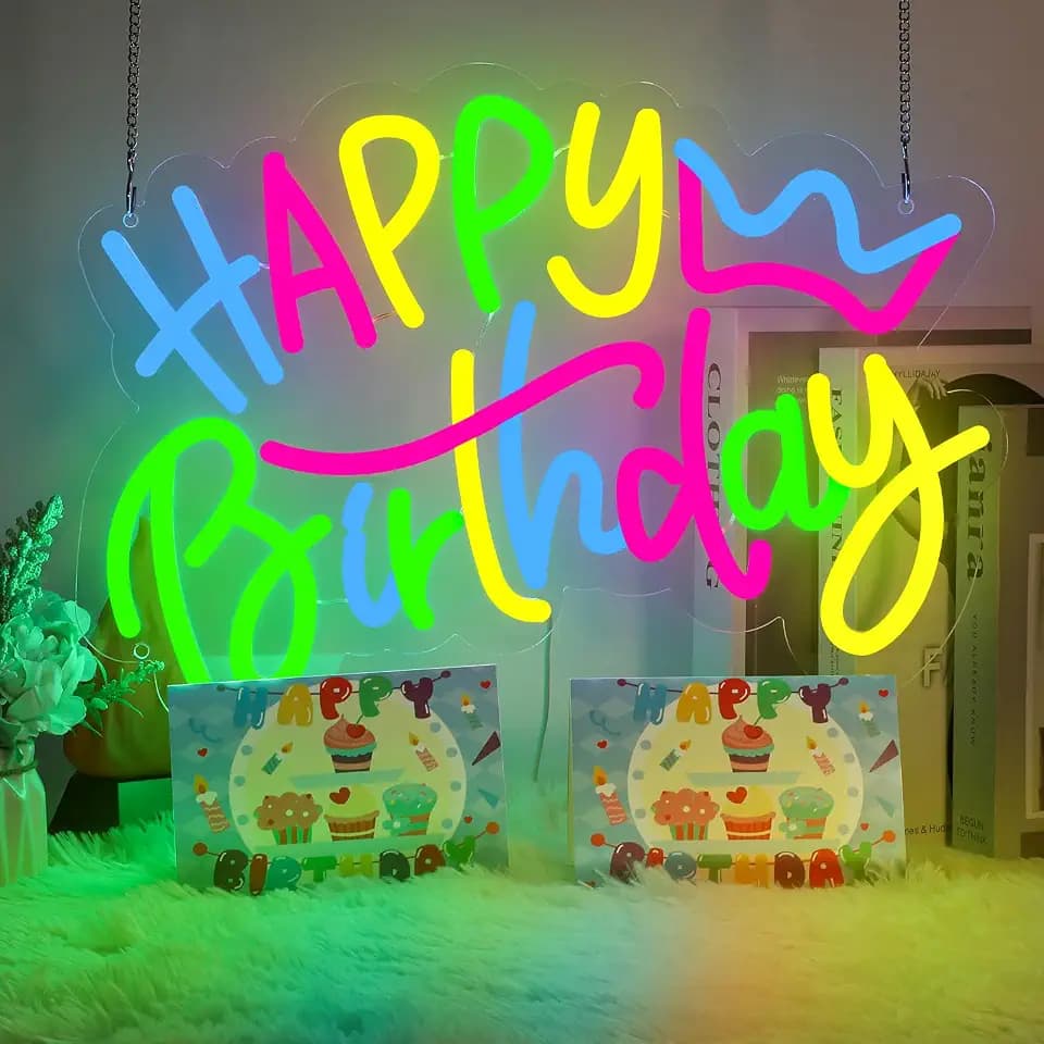 Reusable Happy Birthday Neon Sign for Wall Decor, USB Powered LED Neon Sign with Dimmable Brightness, Ideal for All Ages Birthday Parties and Celebrations 17×12 Inch, With 2 Pcs Birthday Cards