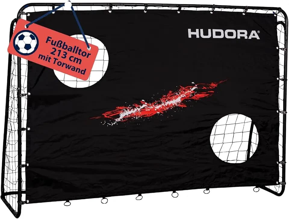 HUDORA Fußballtor Trainer mit Torwand - robustes Outdoor Fußballtor für Kinder & Erwachsene - Torwand mit zwei verstärkten Schusslöchern - wetterfestes Fußballtor für Training & Freizeit