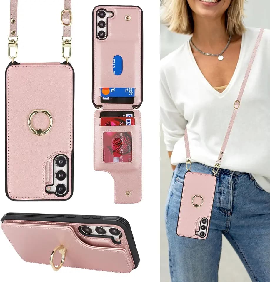 Lipvina for Samsung Galaxy S22 Case with Strap,Rose Gold