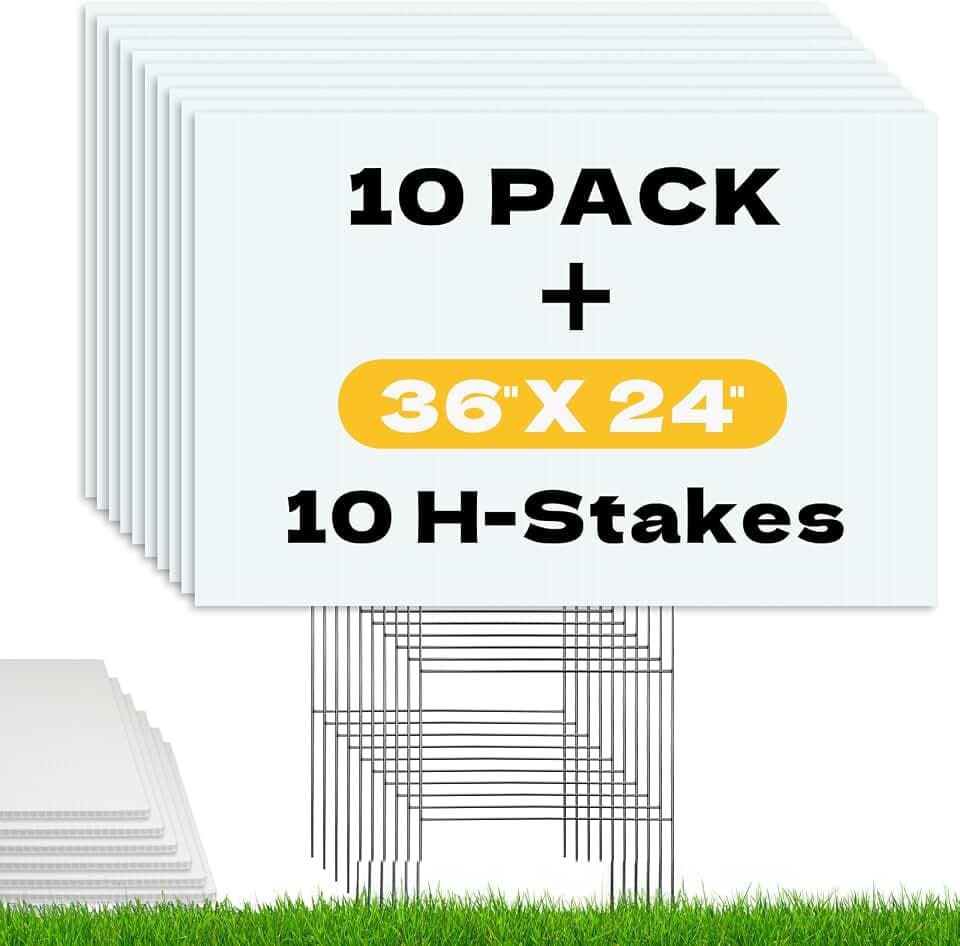 10 Pack Large Blank Yard Signs with Stakes 24x36 Inch, 4mm Thick Corrugated Plastic Lawn Sign Kit, White Poster Board with 10 Metal H-Stakes for Real Estate, Garage Sale, Birthday, Campaign