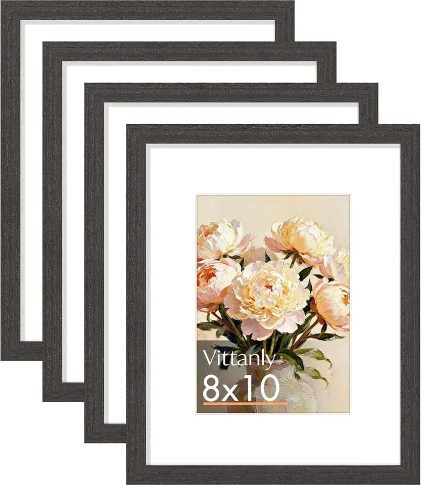 Vittanly Solid Wood 8x10 Picture Frame with Mat, Charcoal Black, 4 Pack