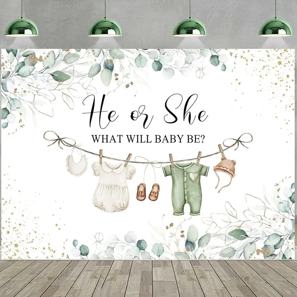 Greenery Gender Reveal Backdrop Banner Boy or Girl Clothes He or She What Will Baby Be Gender Reveal Decorations Green Eucalyptus Leaves Gender Neutral Party Supplies Photo Booth Props 7x5ft
