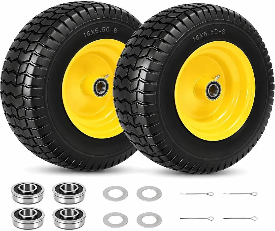 2PCS 16x6.50-8 Flat Free Lawn Mower Front Tire and Wheel With 1inch Axle