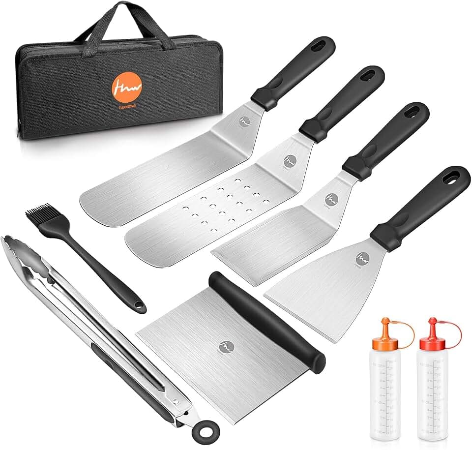 Grillspachtel Set, Edelstahl 9 Pcs Flat-Top-Grillbesteck Set