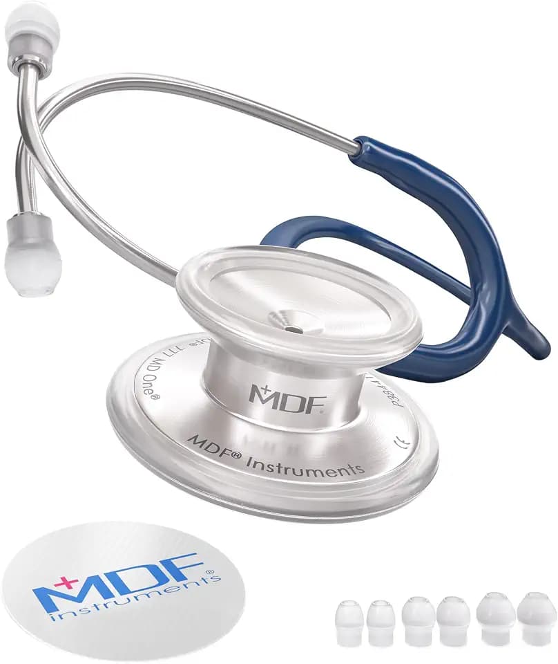 MDF Instruments, MD One Stainless Steel Stethoscope, Adult, Navy Blue Tube, Silver Chestpieces-Headset, MDF77704