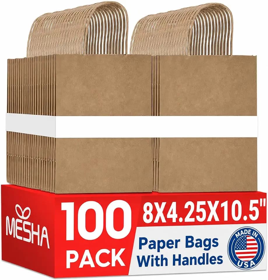 MESHA Brown Paper Kraft Gift Bags with Handles 8x4.25x10.5 Inch 100 Pack