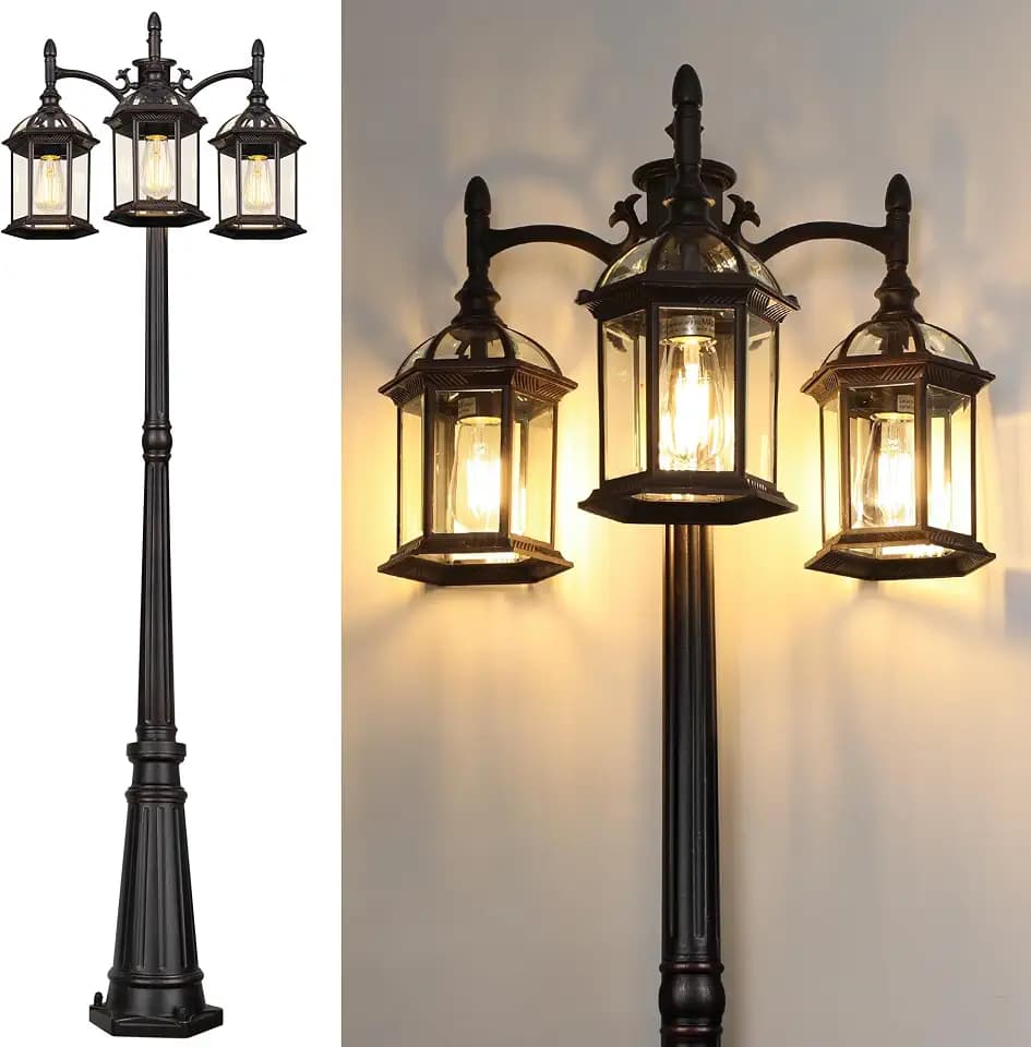 Bronze Outdoor Lamp Post Birdcage, Hardwired Street Light for Outside, 3-Head Pole Light Modern Lamp Post Outdoor Lighting with Clear Glass Panels for Garden Patio Backyard Walkway Driveway