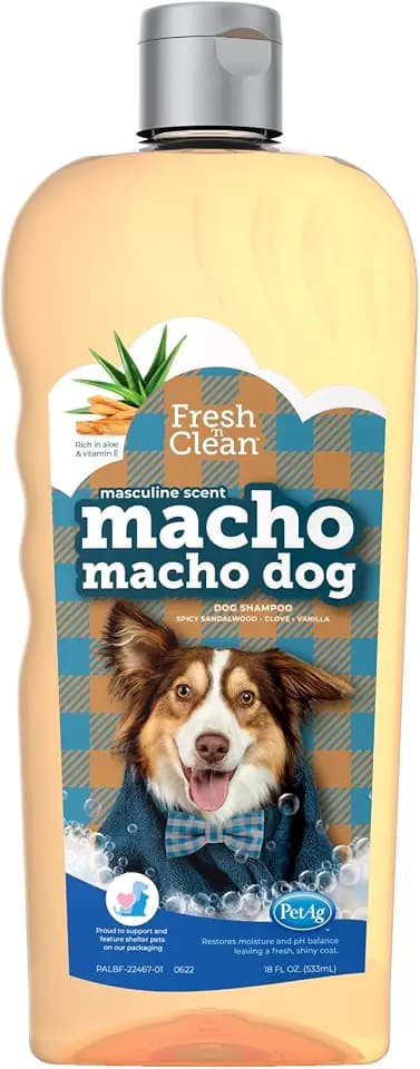 PetAg Fresh ’n Clean Macho Macho Dog Shampoo - 18 oz - Masculine Scent - Moisturizes with Vitamin E & Aloe Vera - Strengthens & Repairs Coats - Soap Free