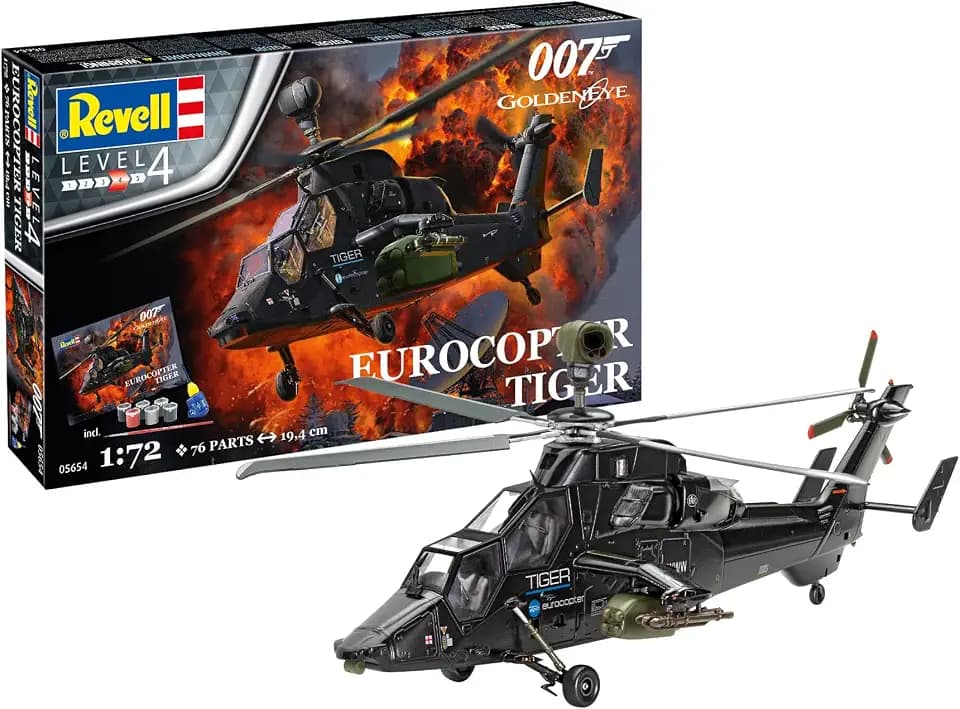 Revell Modellbausatz I Eurocopter Tiger I James Bond 007 Golden Eye I 116 Teile I Maßstab 1:72 I für Kinder und Erwachsene ab 12 Jahren I mit Pinsel und Farben
