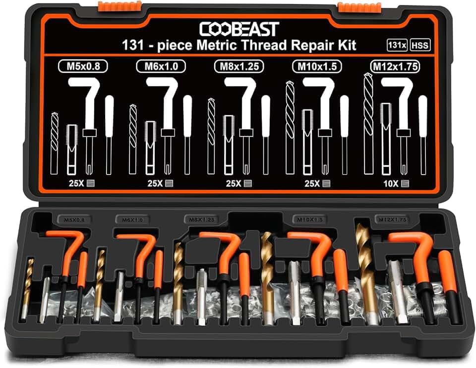 131PCS Thread Repair Kit, Metric Helicoil Repair Kit with HSS Drill Bits