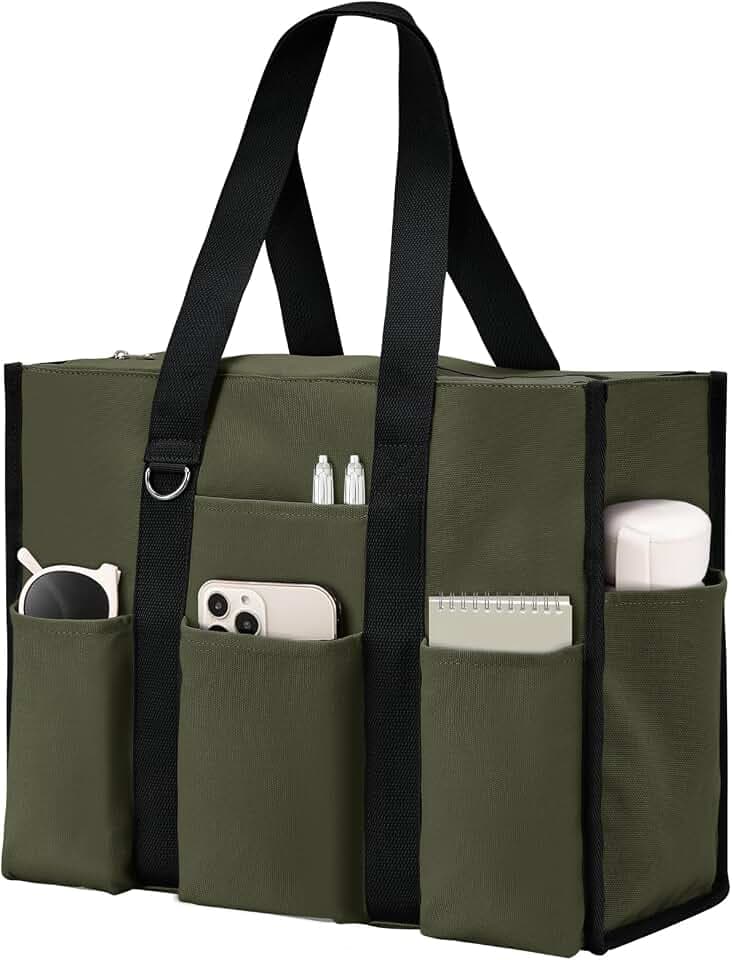 Becokan Large Tote Bag for Women Waterproof with 12 Pockets Top Zipper Closure Utility Teacher Nurse Bags for Work School