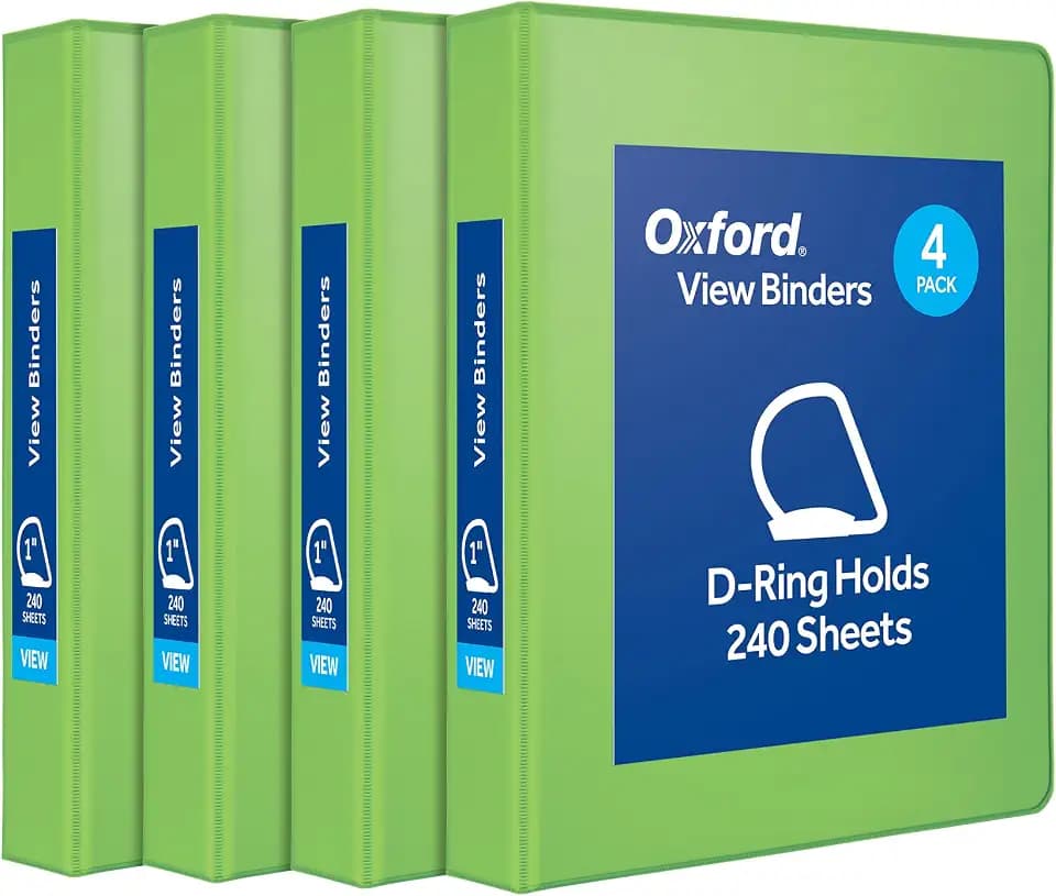 Oxford® 3 Ring Binders, Durable Binders for School and Office, Durable 1 Inch D Rings, Holds 240 Sheets, ClearVue Presentation Binder, Green, 4PK