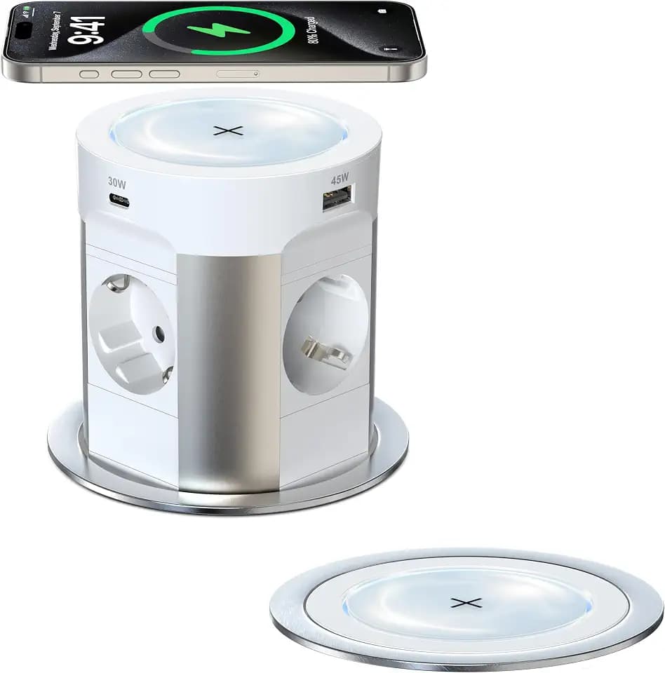 9-in-1 Versenkbare Tischsteckdose mit USB C PD75W, 4 Fach Einbau Steckdosenleiste mit 15W Kabellosem Laden, Sewingvr Versenkte Steckdose für Arbeitsplatte, Büro, Küche, 1.8M Kabel, D 100MM,Weiß