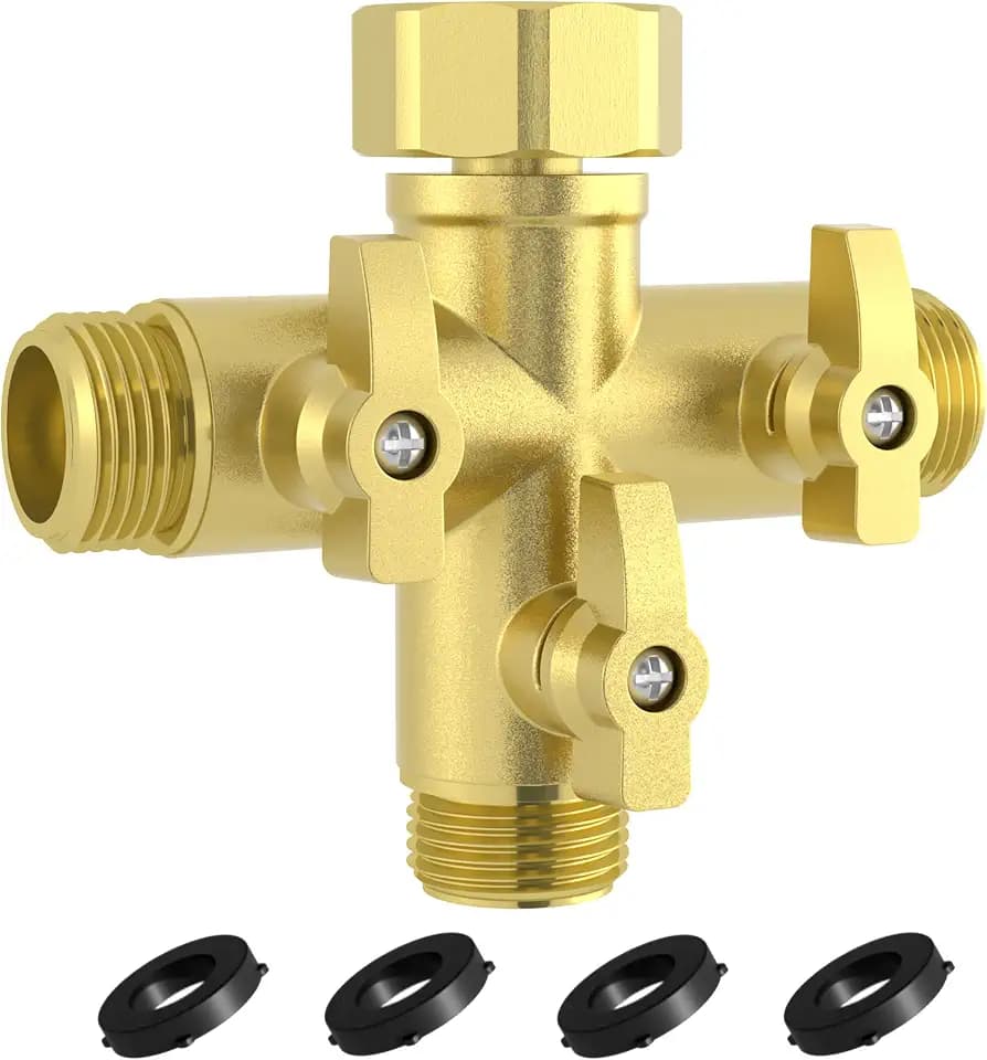 YANWOO Heavy Duty Metal 3 Way + Type Garden Hose Splitter with Shut-Off Valves, 3/4" High Flow Spigot Faucet Connectors with 4 Extra Silicone Washers(Golden)