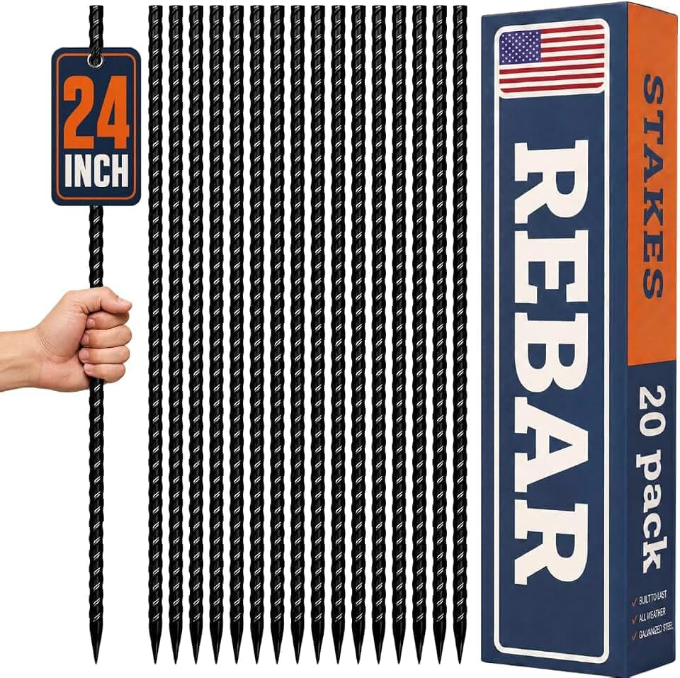 Happin® 24 Inch Rebar Stakes, Straight Garden Stakes Heavy Duty Galvanized Metal Stakes, Landscape Timber, Concrete Form, Tree & Plant Support, Yard Stakes, Ground Anchors (I Shape – 20 Pack)