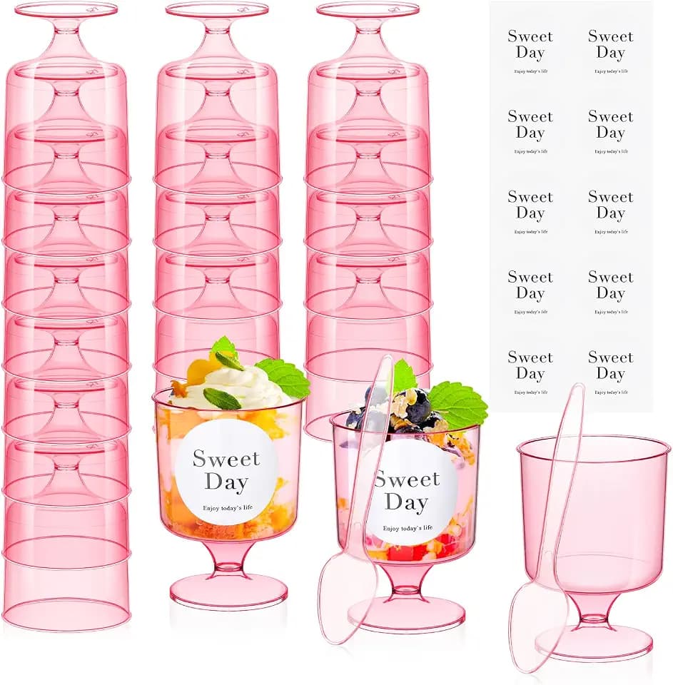 100 Pcs 5 oz Pink Dessert Cups with Spoons, Yogurt Parfait & Fruit Cups