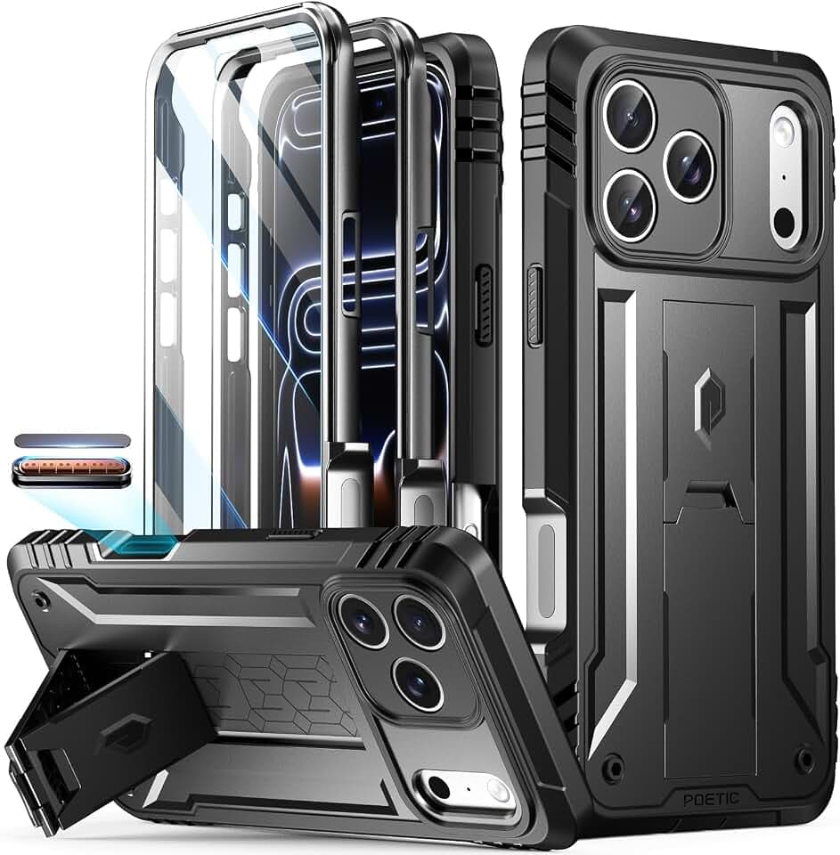 Poetic for iPhone 17 Pro Case with Camera Control Capture Button, [Built-in Stand] [Built-in Screen Protector] Full-Body Military Grade Rugged Phone Case for iPhone 17 Pro, Black